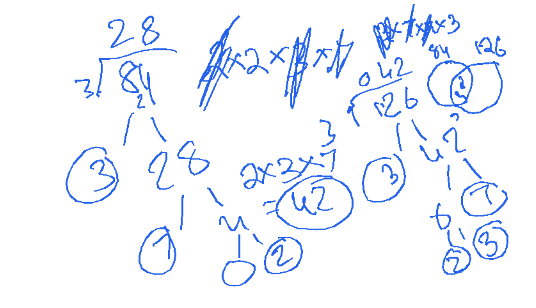 A handwritten student answer with working scattered across the page, a crossed-out first attempt, and the final answer circled.